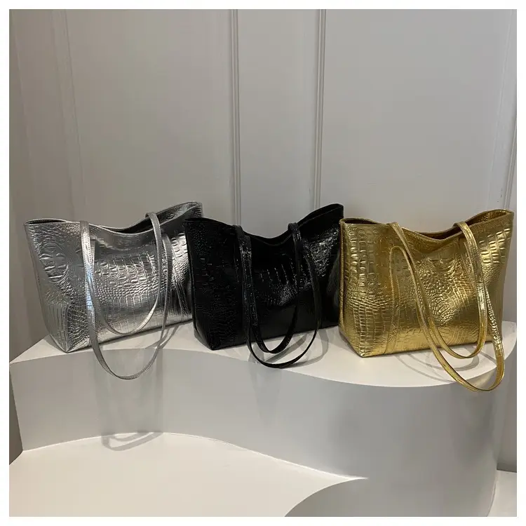 Black Textured Croc Leather Shoulder Bag for Women - Image 4
