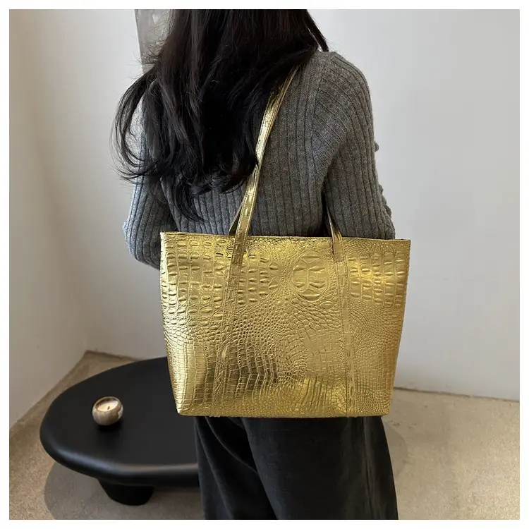Black Textured Croc Leather Shoulder Bag for Women - Image 6