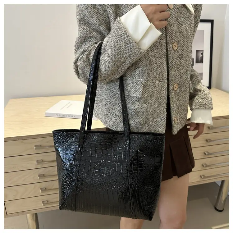 Black Textured Croc Leather Shoulder Bag for Women — feature 17