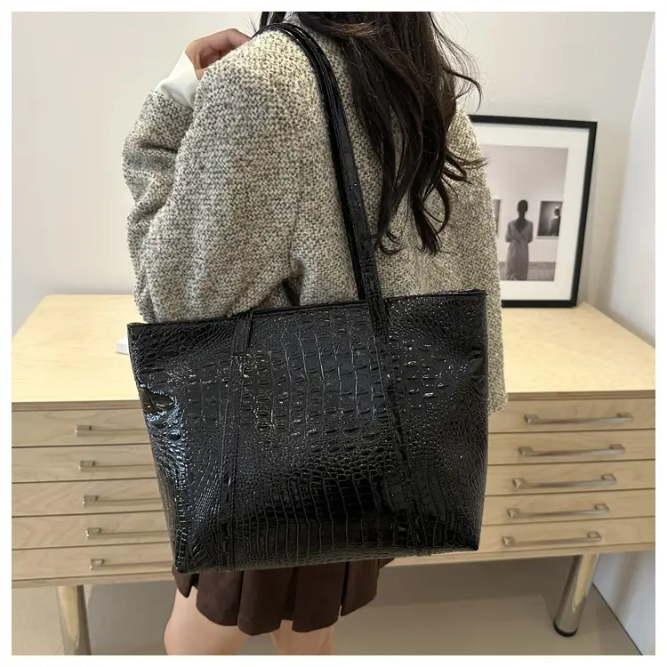 Black Textured Croc Leather Shoulder Bag for Women — feature 19