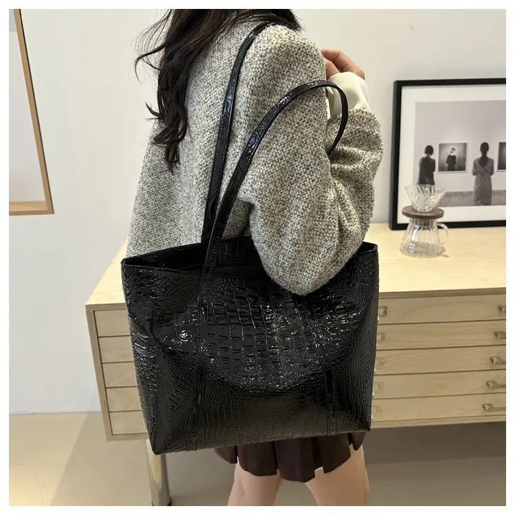 Black Textured Croc Leather Shoulder Bag for Women — feature 20