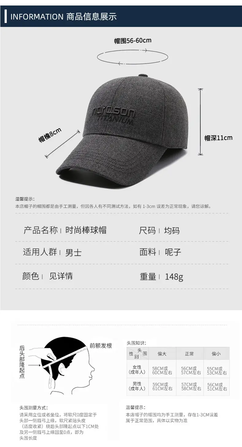Men Embroidered Baseball Cap Grey Winter Warm Cotton — feature 6
