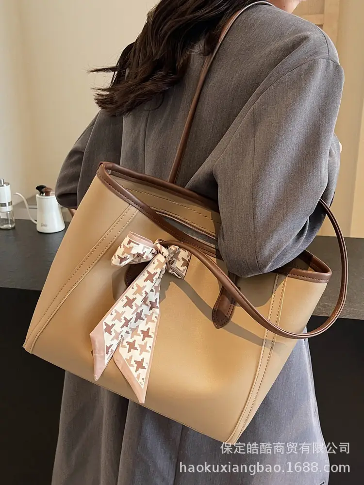 Women Large Capacity Tan Tote Bag with Bow - Image 4