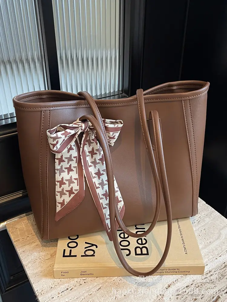 Women Large Capacity Tan Tote Bag with Bow - Image 5