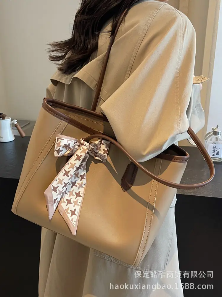 Women Large Capacity Tan Tote Bag with Bow - Image 7
