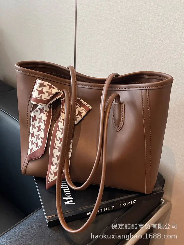 Women Large Capacity Tan Tote Bag with Bow - Image 8