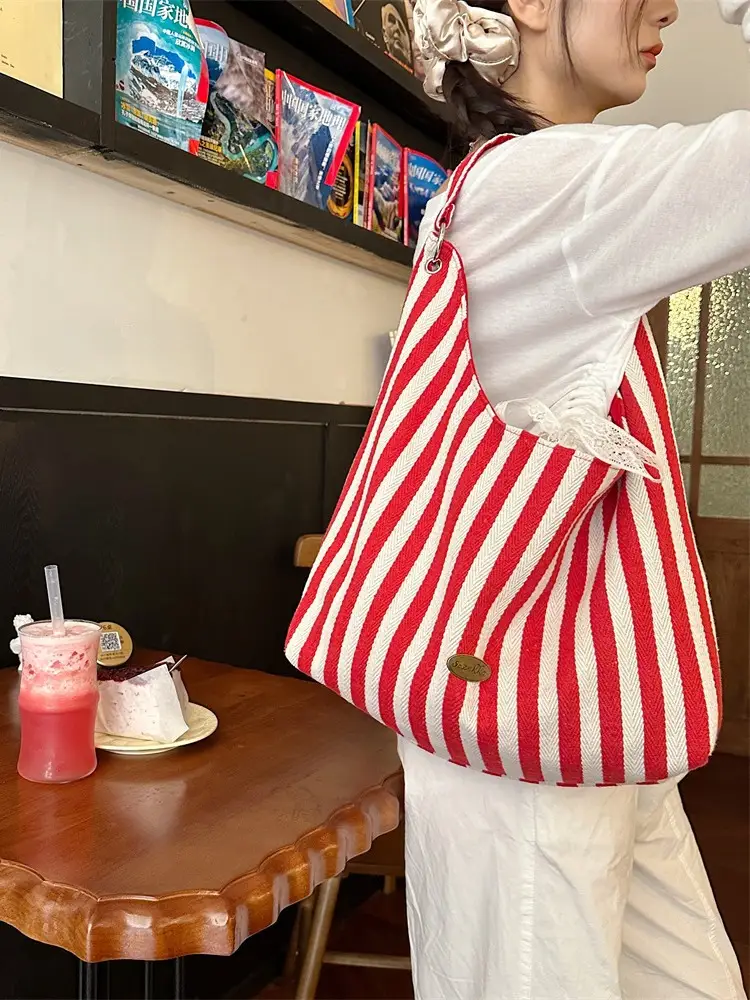 Vertical Stripe Canvas Shoulder Bag Red Black White - Image 4