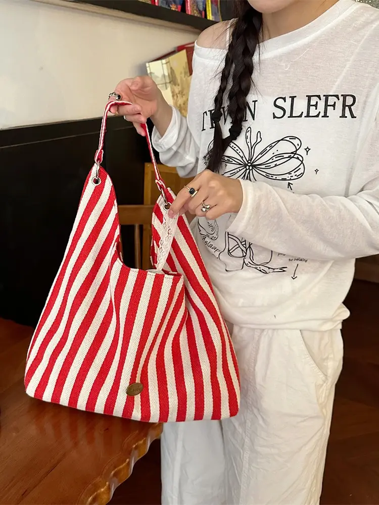 Vertical Stripe Canvas Shoulder Bag Red Black White - Image 6