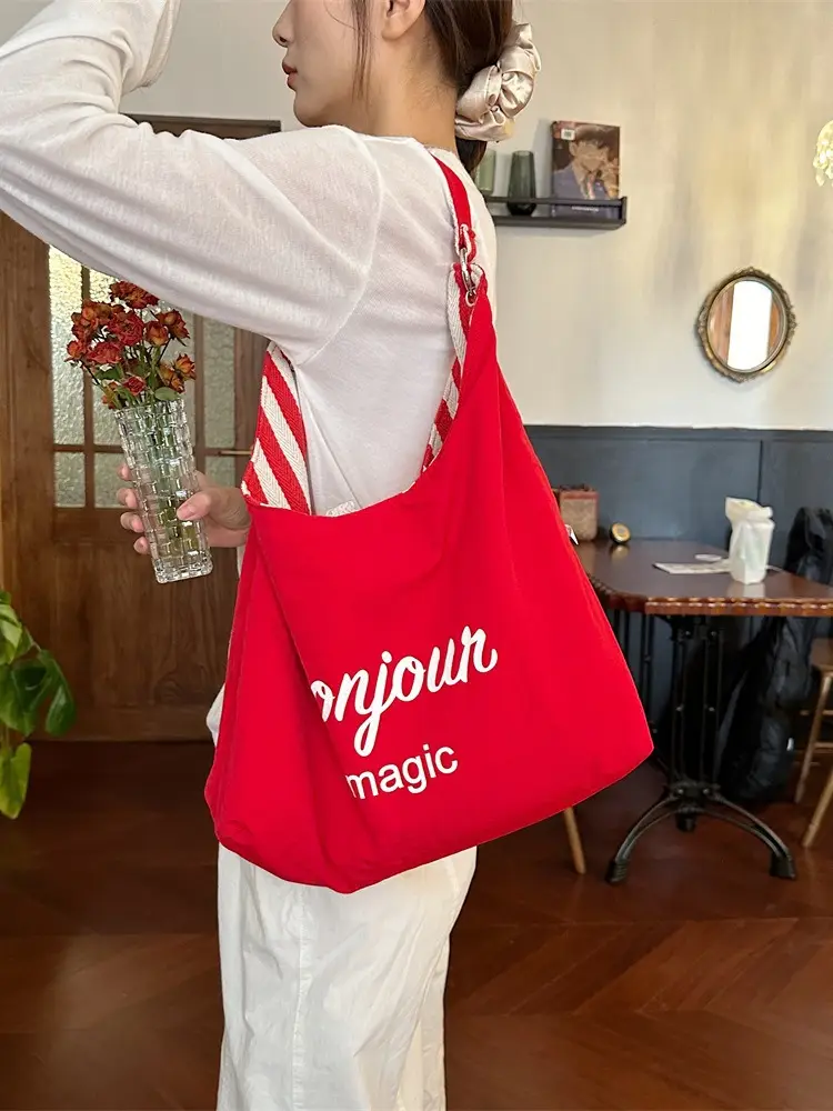Vertical Stripe Canvas Shoulder Bag Red Black White - Image 7