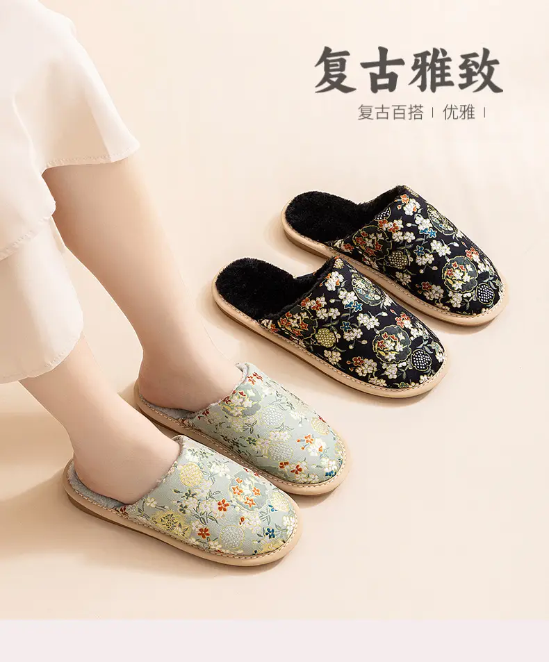 Cotton slippers women's autumn and winter indoor home fleece-lined warm non-slip beef bottom embroidery factory direct a generation of hair — feature 15