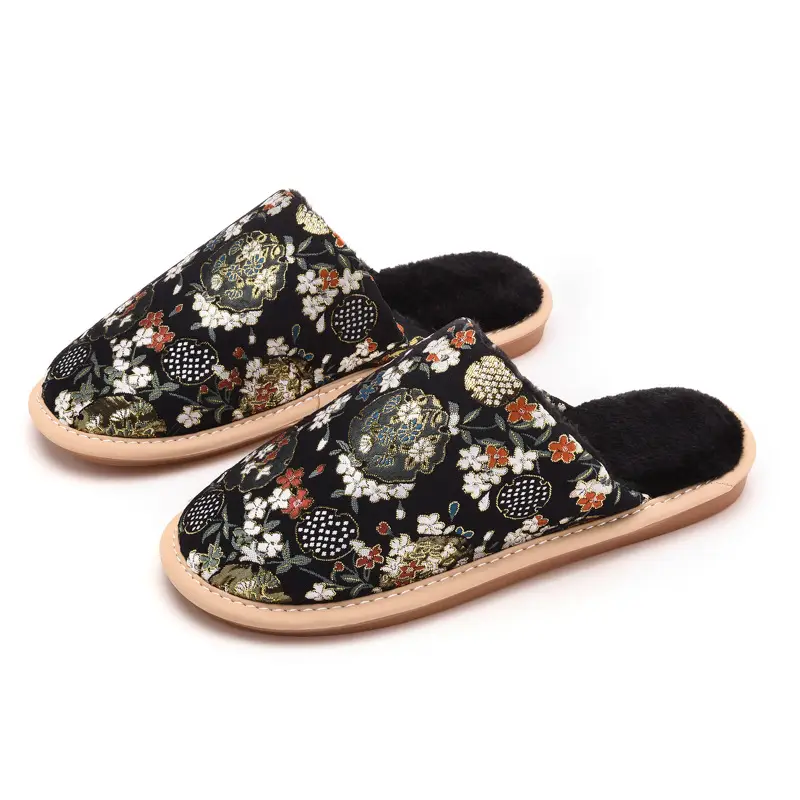 Cotton slippers women's autumn and winter indoor home fleece-lined warm non-slip beef bottom embroidery factory direct a generation of hair