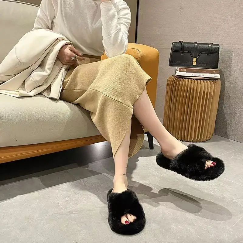 Mao Mao cotton slippers women's autumn and winter plush online popular fashion all-match non-slip thick bottom warm slippers for home
