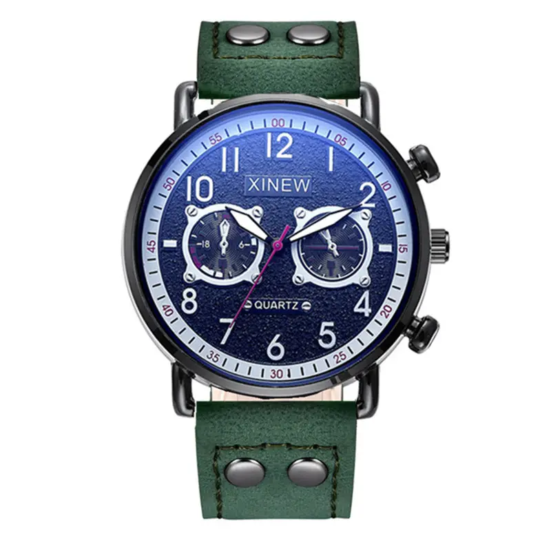 Men Xinew Green Leather Quartz Watch with 3 Subdials - Image 5