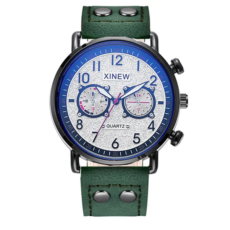 Men Xinew Green Leather Quartz Watch with 3 Subdials - Image 6