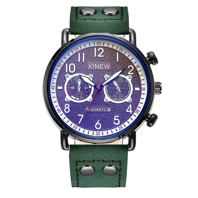 Men Xinew Green Leather Quartz Watch with 3 Subdials - Image 7