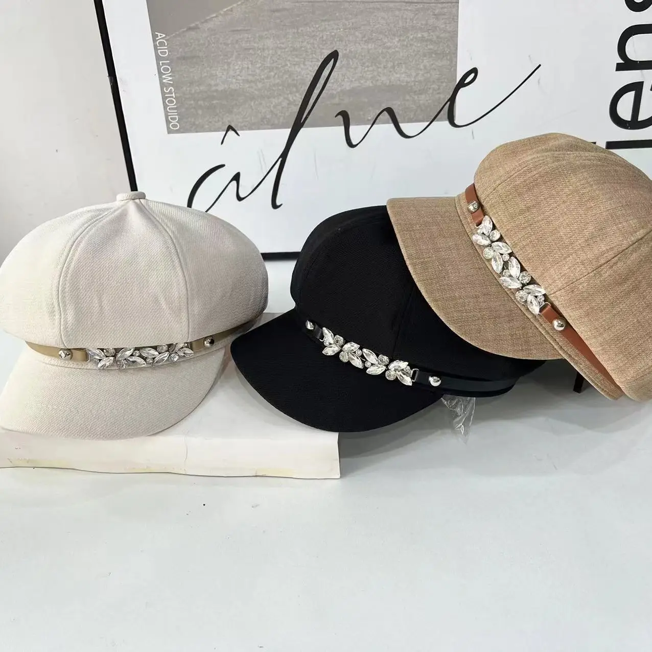 Girls Rhinestone Dome Cap Spring Autumn Beige - Image 4