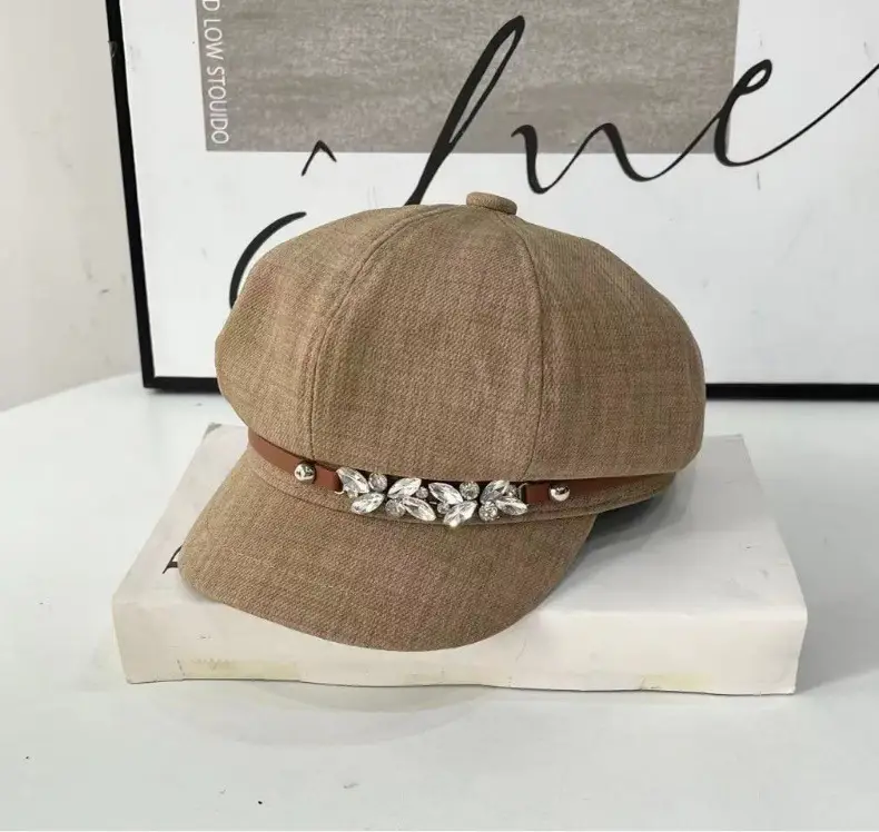 Girls Rhinestone Dome Cap Spring Autumn Beige — feature 12