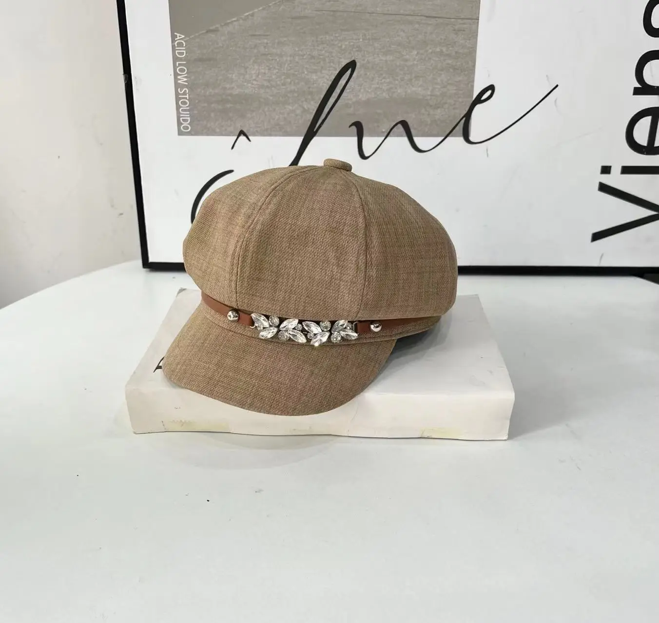 Girls Rhinestone Dome Cap Spring Autumn Beige - Image 3