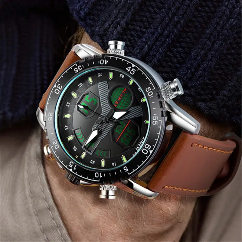 Men's Multifunctional GPS Watch with Digital Display & Leather Strap