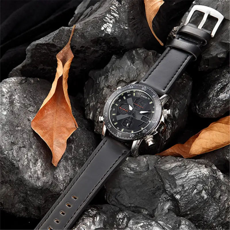 Men's Multifunctional GPS Watch with Digital Display & Leather Strap