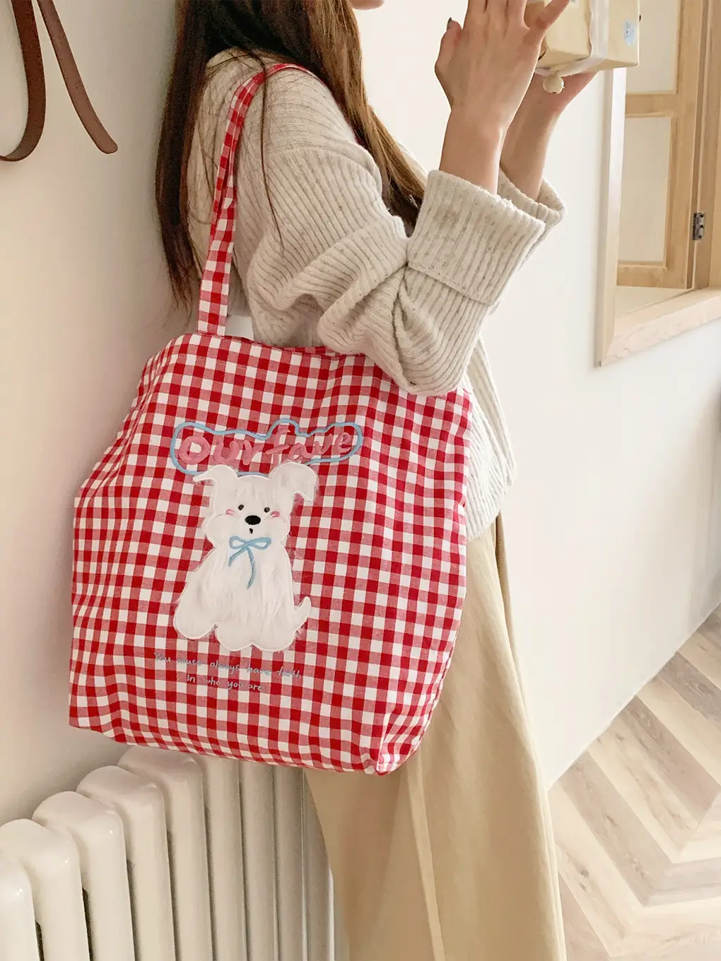 Cute Plush Puppy Bag Red White Large Capacity - Image 3