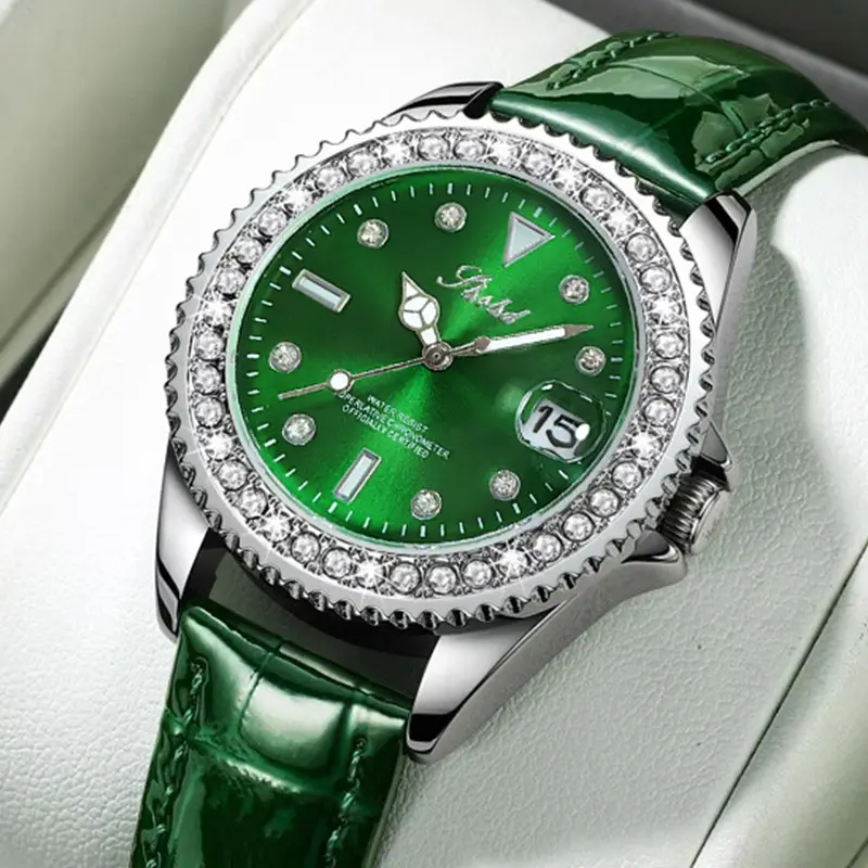 Green Submariner Women's Watch with Diamond Inlay - Image 2