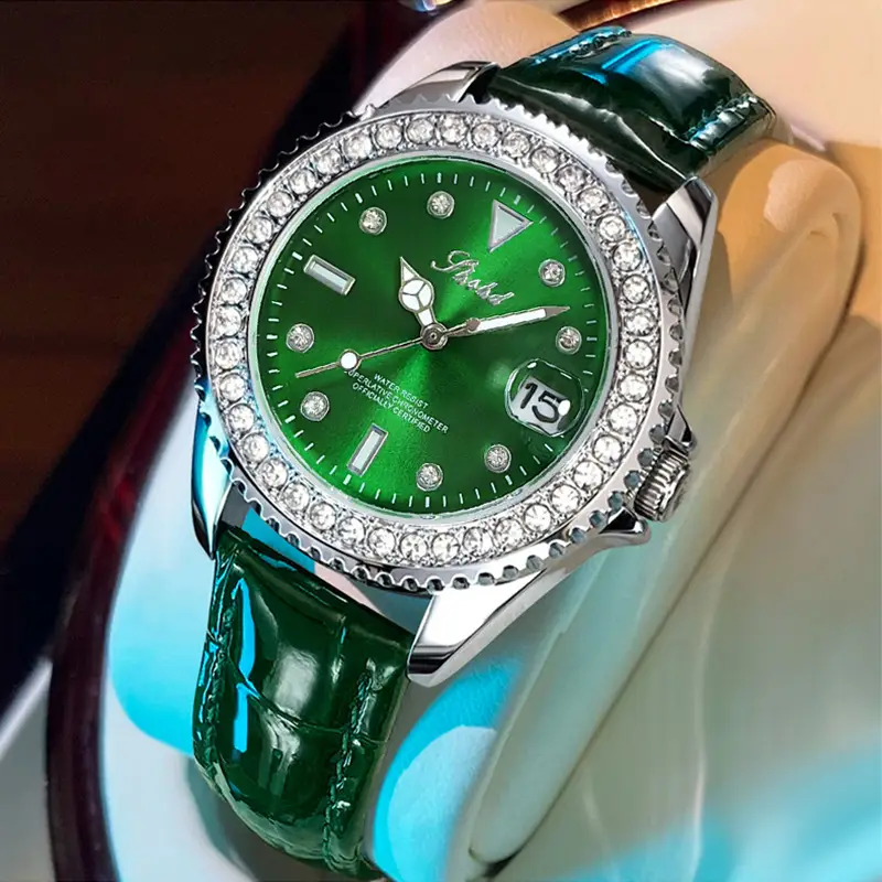 Green Submariner Women's Watch with Diamond Inlay - Image 4