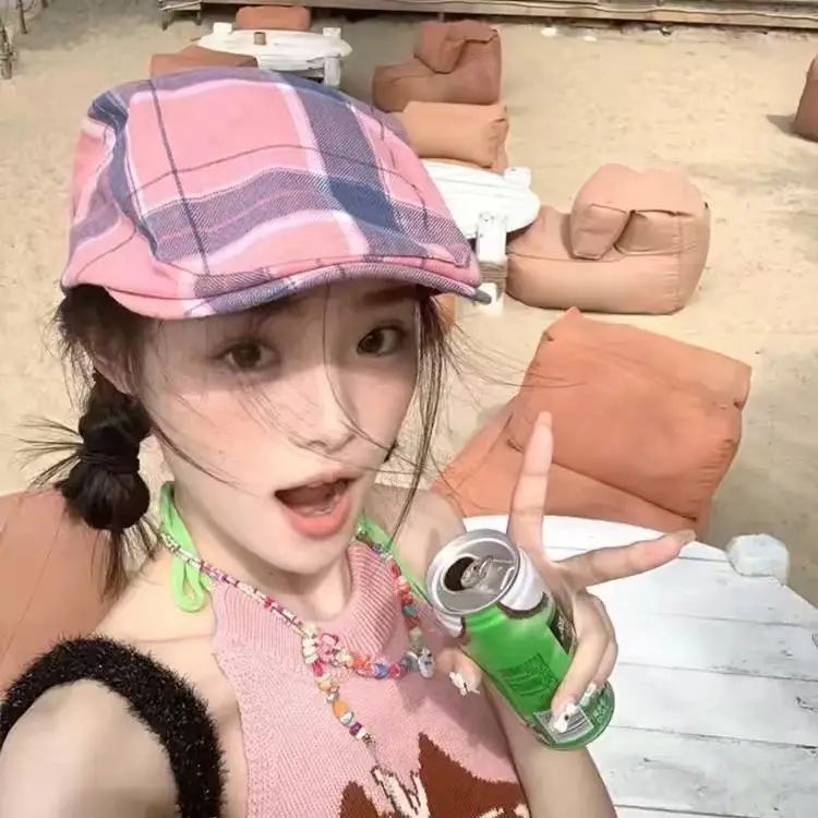 Women Plaid Beret Summer Hat Duck Tongue Forward
