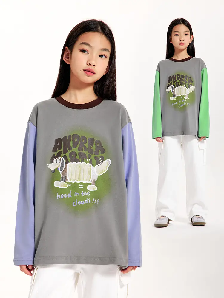 Girls Long Sleeve T-Shirt Grey Green White Loose Fit - Image 3