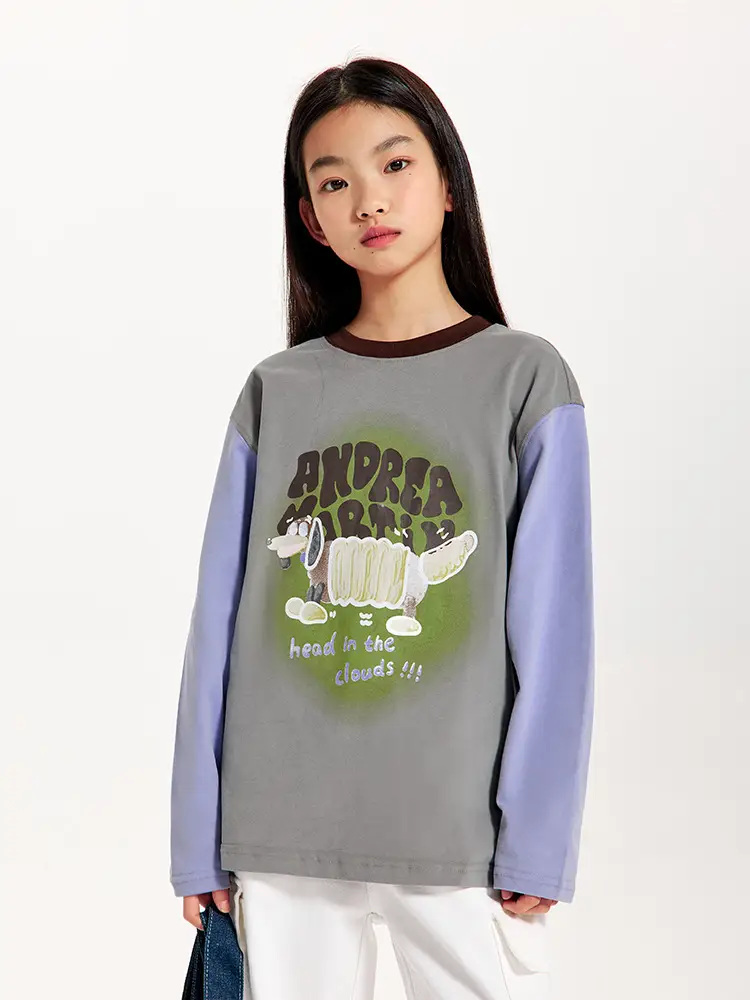 Girls Long Sleeve T-Shirt Grey Green White Loose Fit - Image 5