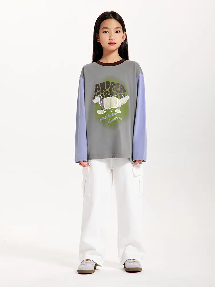 Girls Long Sleeve T-Shirt Grey Green White Loose Fit - Image 6