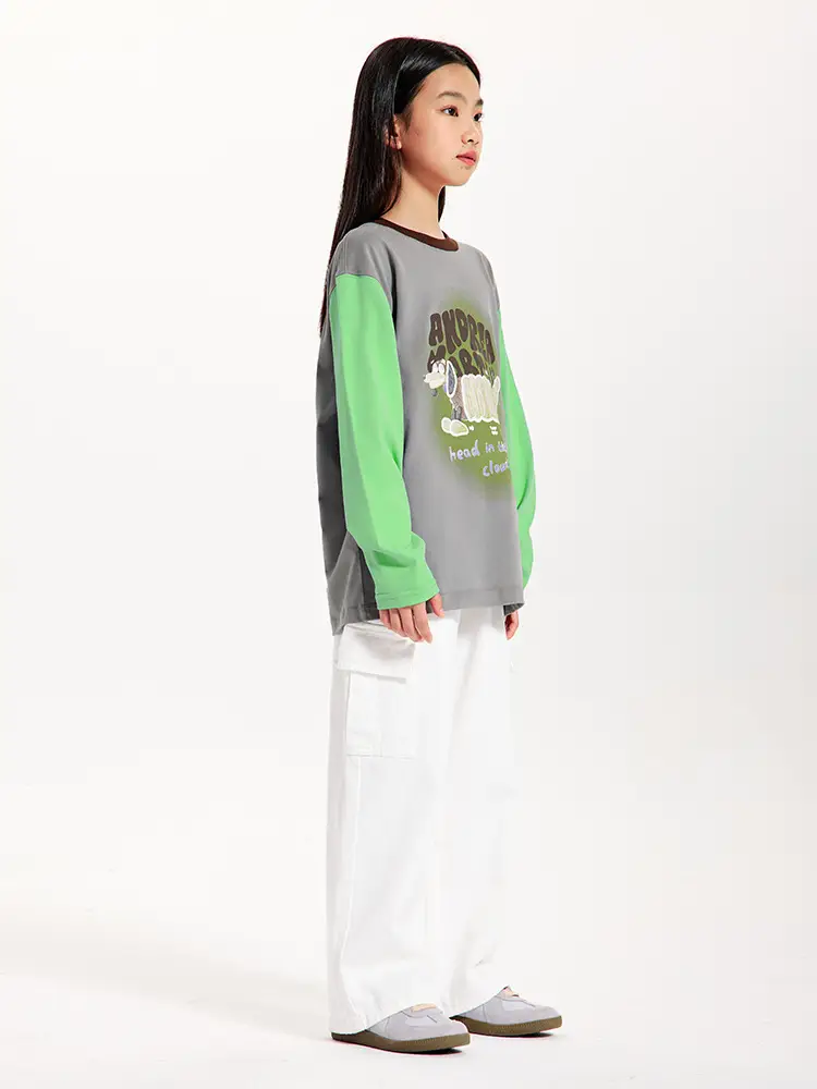 Girls Long Sleeve T-Shirt Grey Green White Loose Fit - Image 7