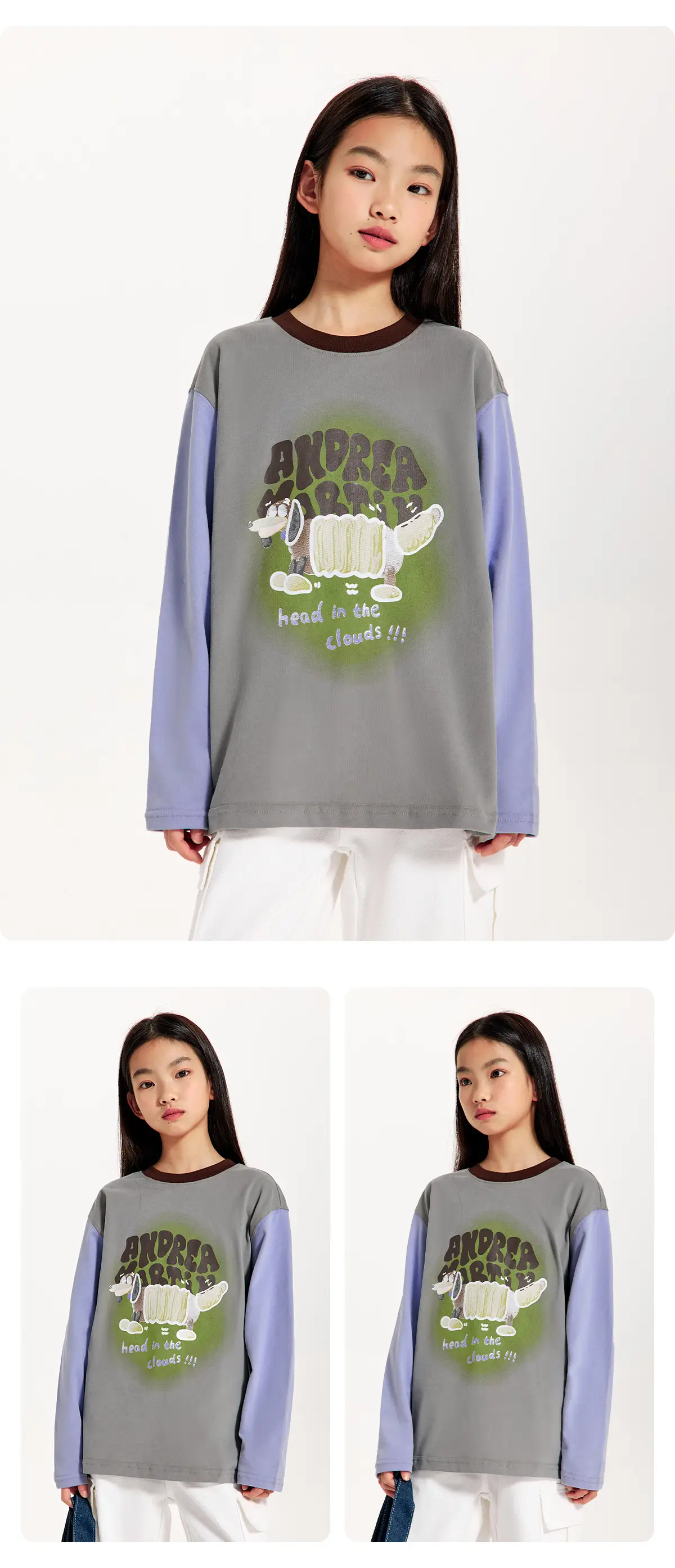 Girls Long Sleeve T-Shirt Grey Green White Loose Fit — feature 12