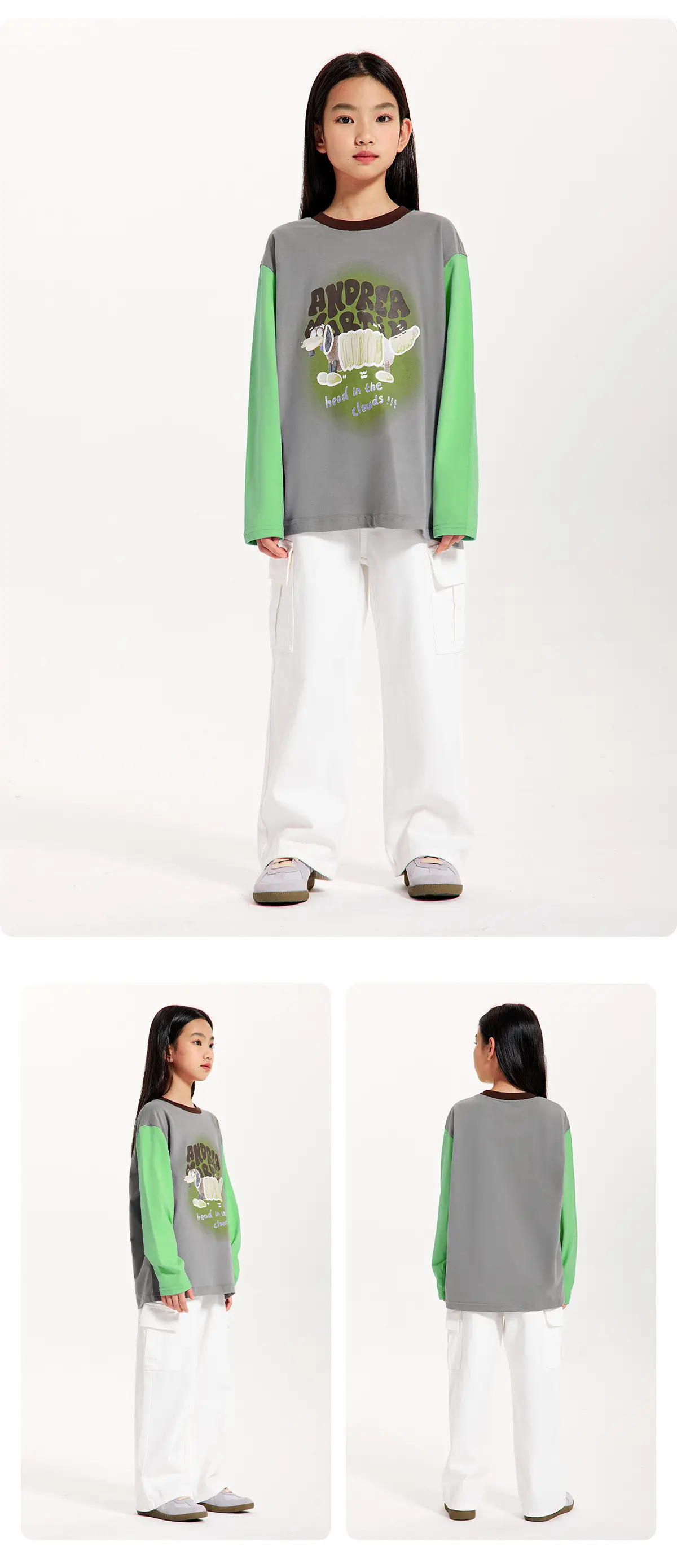 Girls Long Sleeve T-Shirt Grey Green White Loose Fit — feature 13