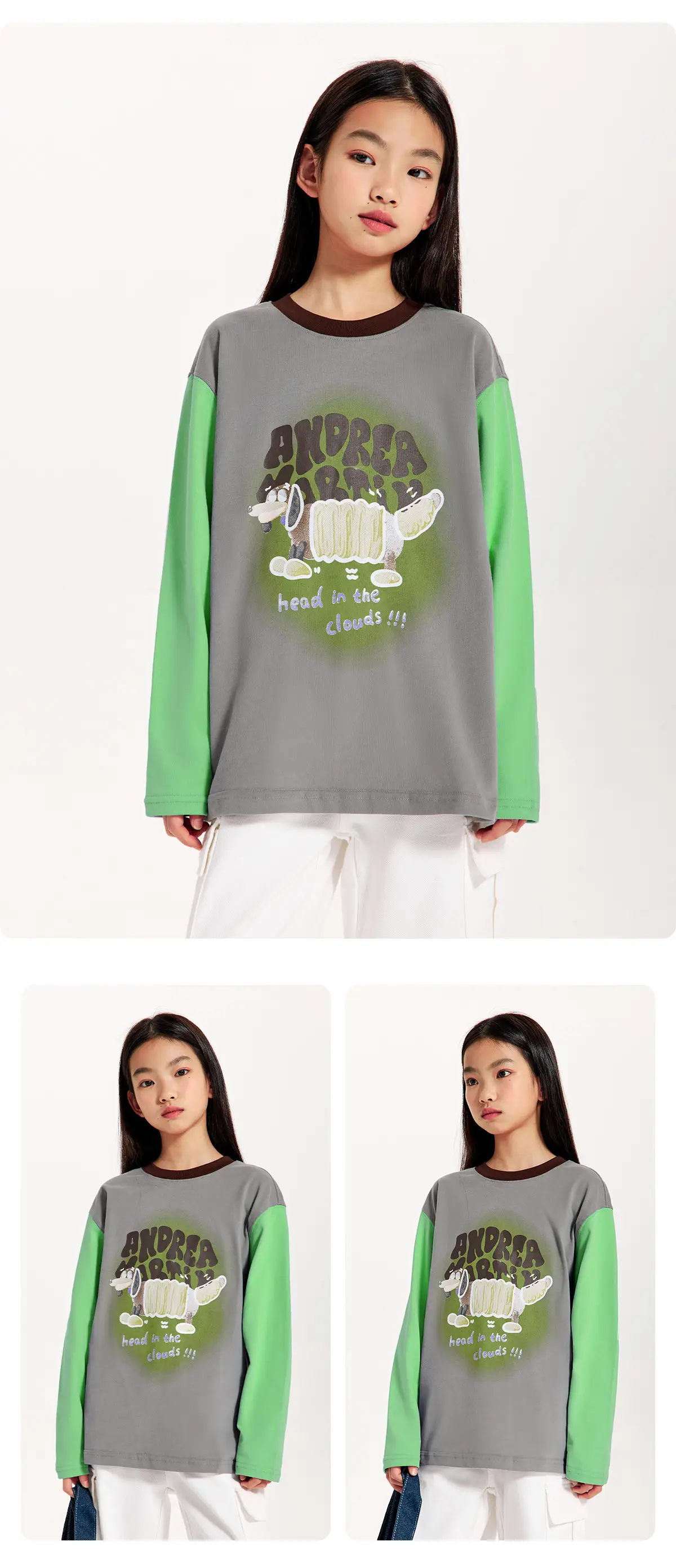 Girls Long Sleeve T-Shirt Grey Green White Loose Fit — feature 14