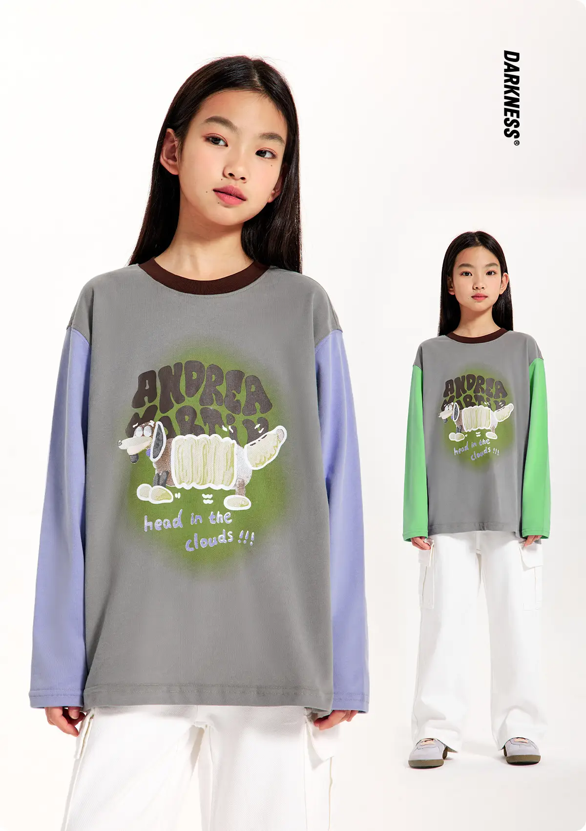 Girls Long Sleeve T-Shirt Grey Green White Loose Fit — feature 2
