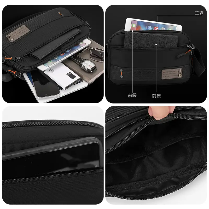 Men's Waterproof Crossbody Bag Black Multi Layer Travel Satchel