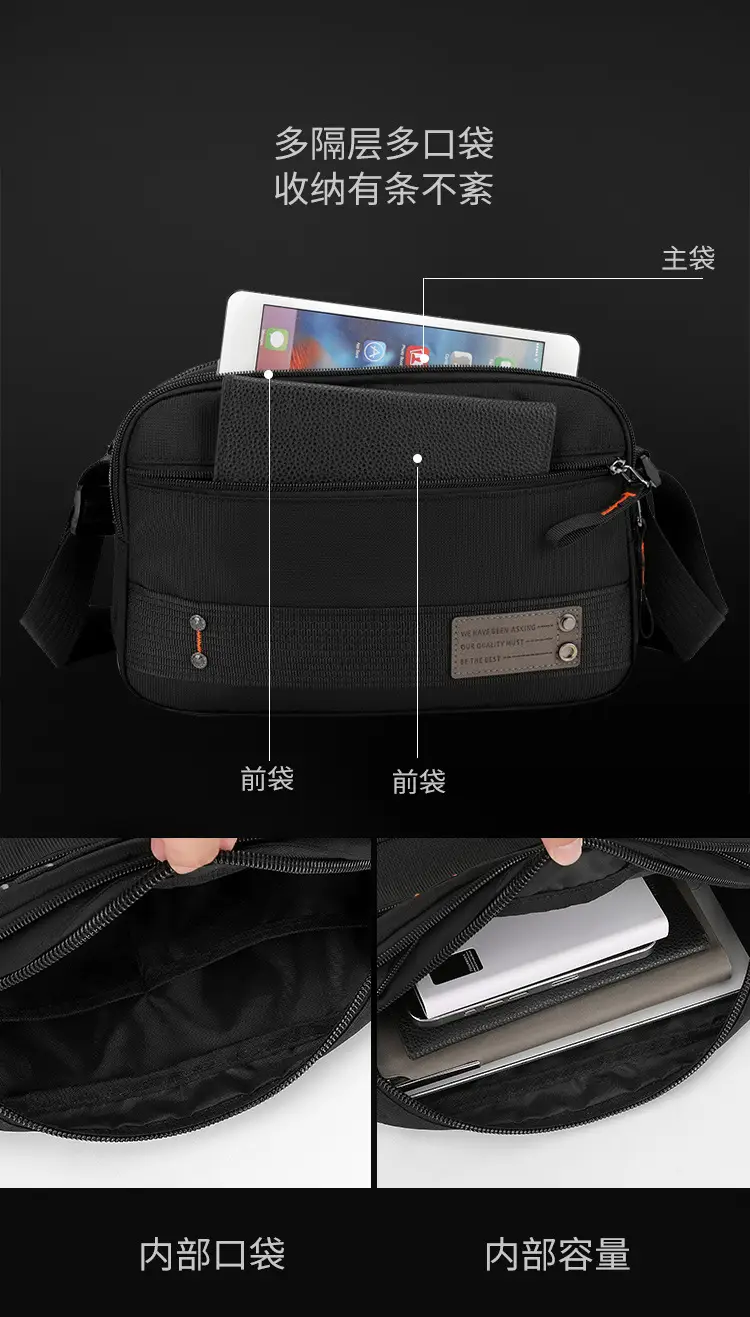 Men's Waterproof Crossbody Bag Black Multi Layer Travel Satchel — feature 11