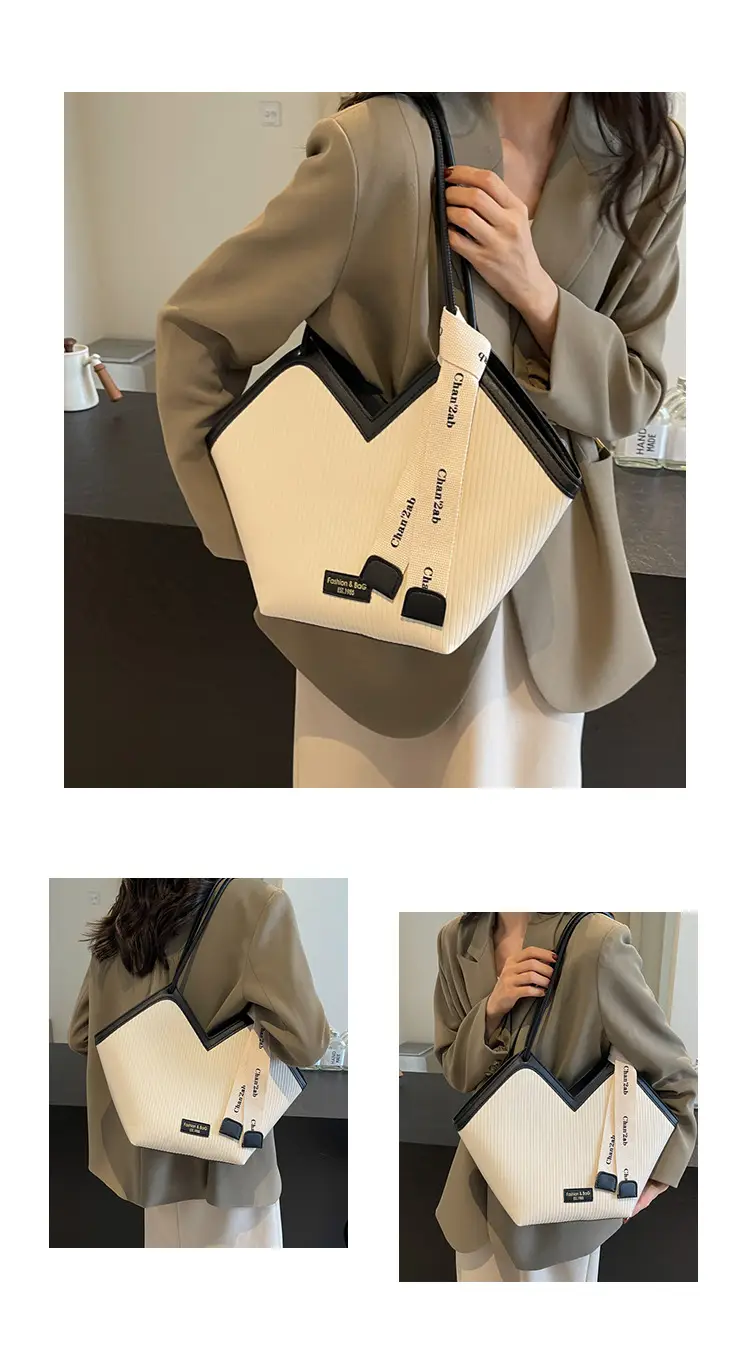 Women's Large Capacity Touche Tote Bag Beige Black — feature 9