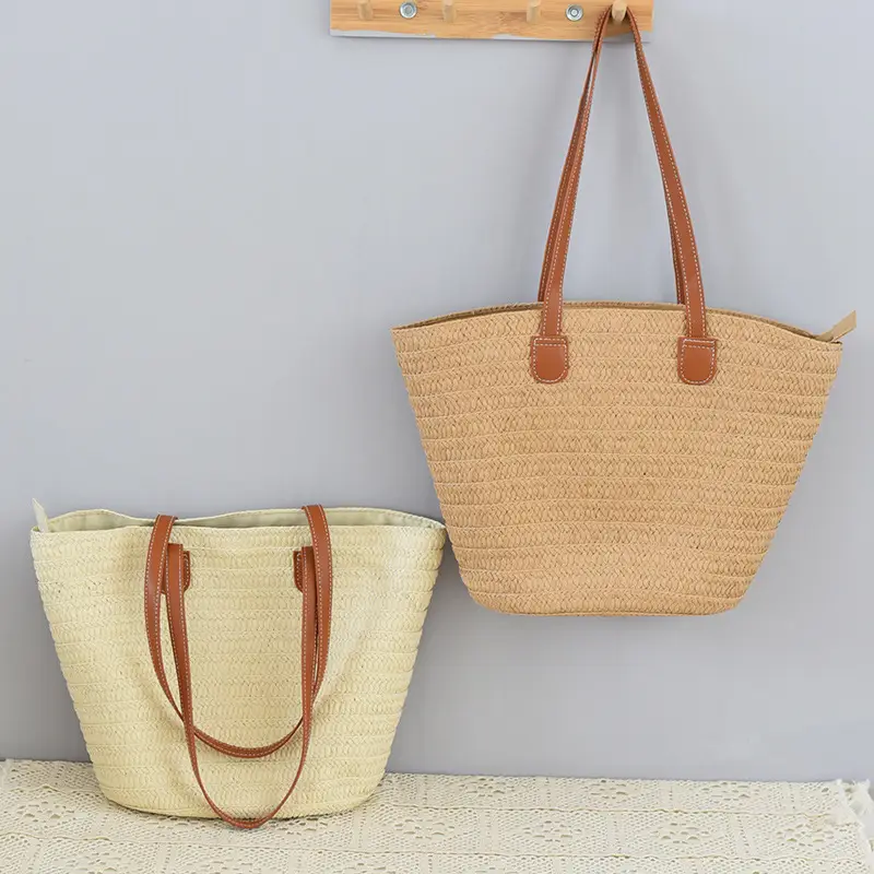 Women's Woven Shoulder Tote Bag Large Capacity Beige & Tan - Image 4