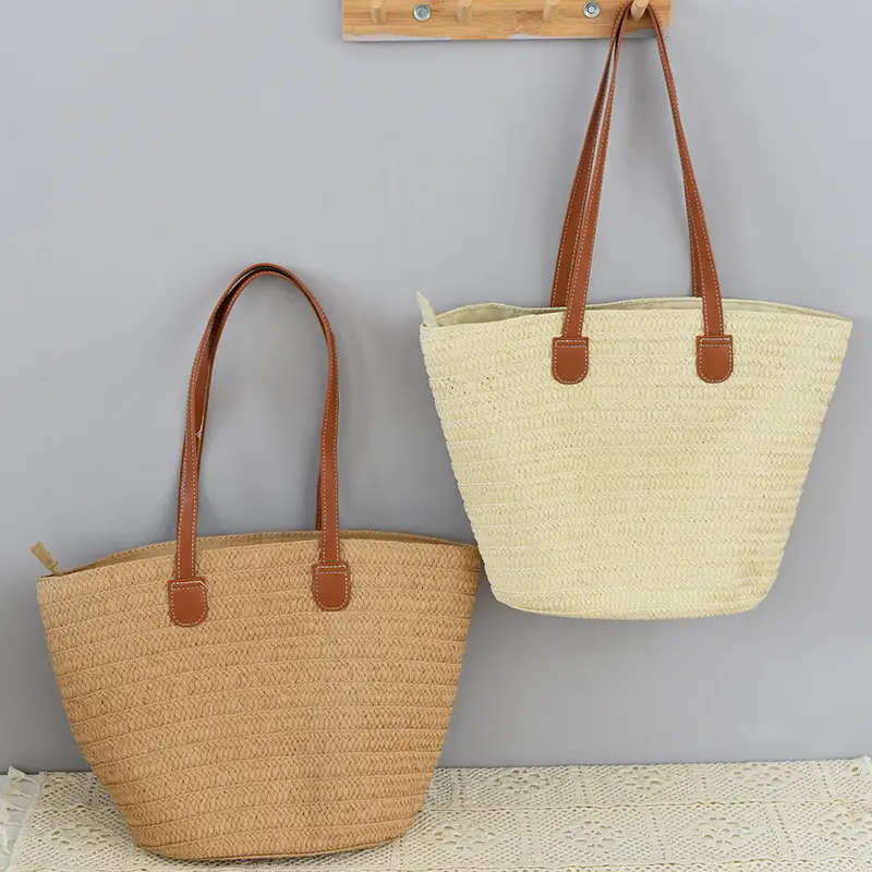 Women's Woven Shoulder Tote Bag Large Capacity Beige & Tan - Image 5