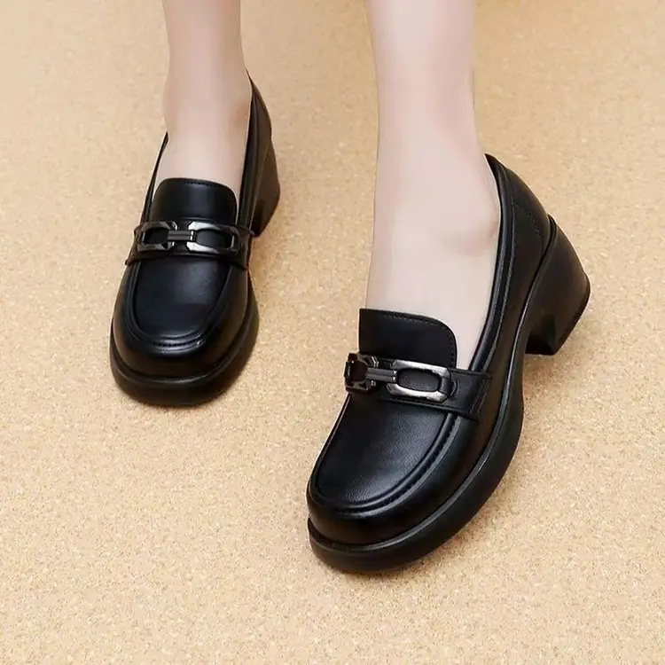 Women's Black Leather Slip-on Heeled Loafers with Buckle Strap - Image 3
