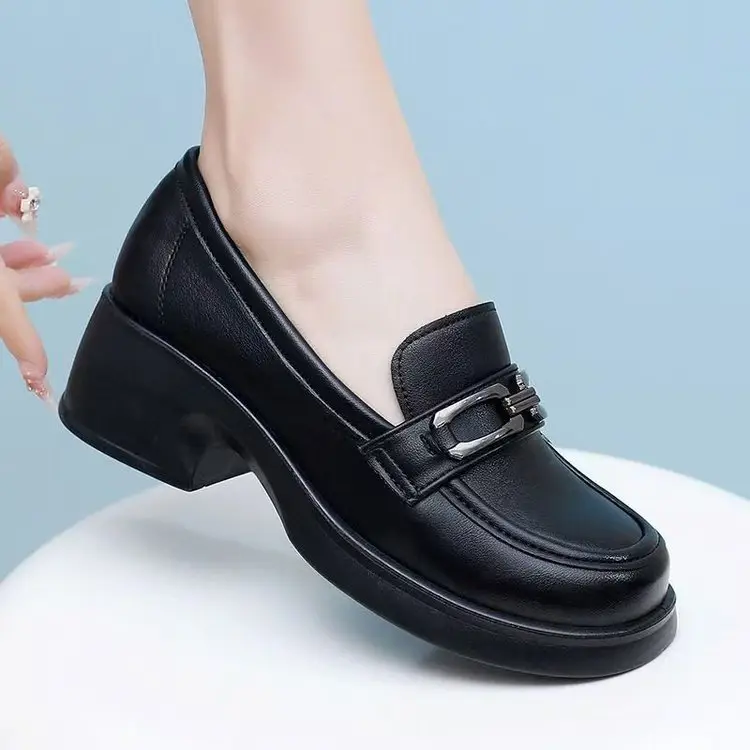 Women's Black Leather Slip-on Heeled Loafers with Buckle Strap - Image 4
