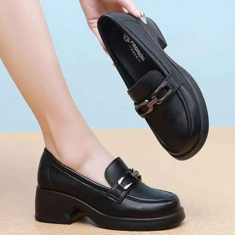 Women's Black Leather Slip-on Heeled Loafers with Buckle Strap - Image 5