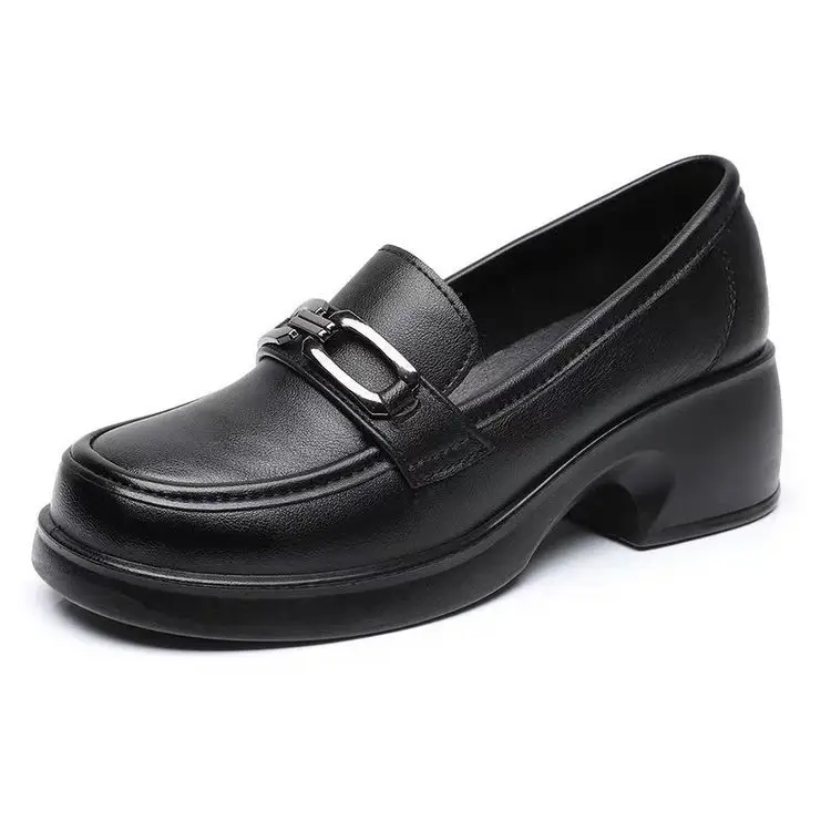 Women's Black Leather Slip-on Heeled Loafers with Buckle Strap - Image 6