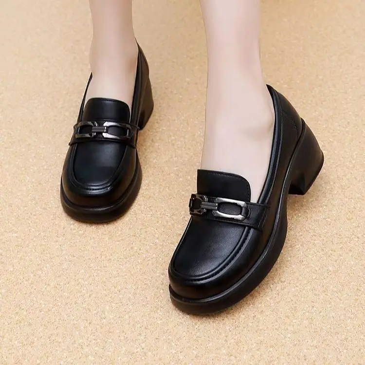 Women's Black Leather Slip-on Heeled Loafers with Buckle Strap — feature 2