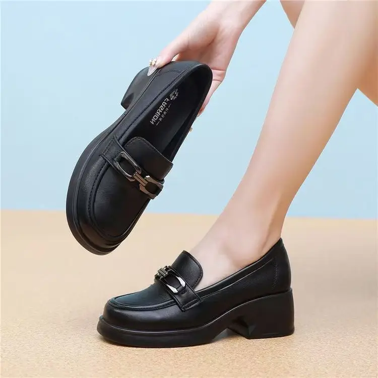 Women's Black Leather Slip-on Heeled Loafers with Buckle Strap — feature 3