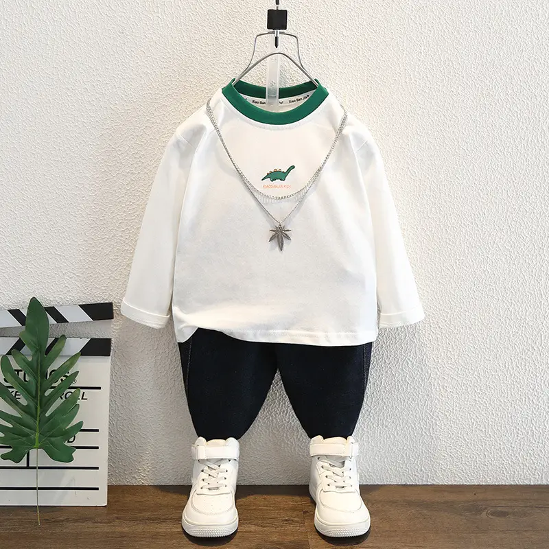 Children's White Dinosaur Crewneck T-Shirt Cotton Spring Autumn - Image 2