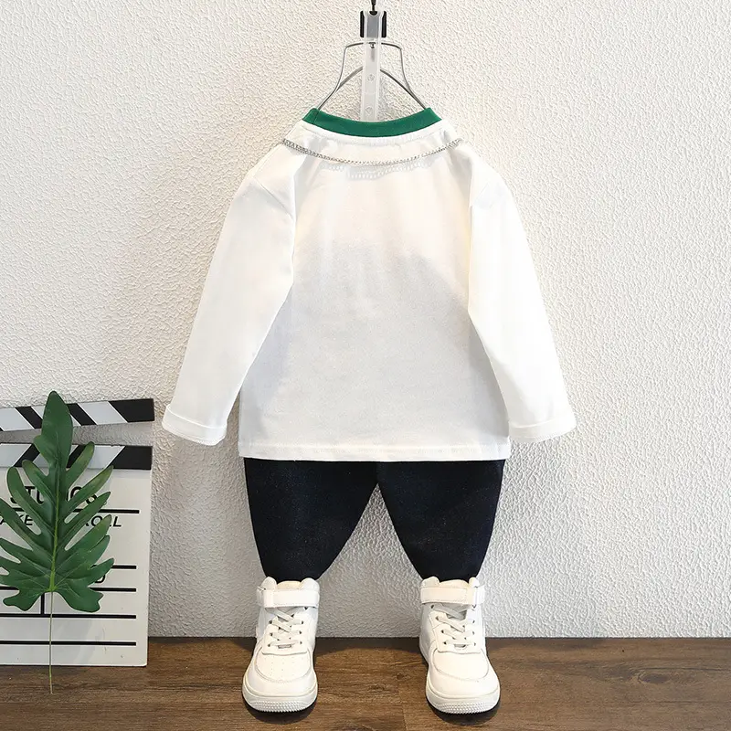 Children's White Dinosaur Crewneck T-Shirt Cotton Spring Autumn - Image 3