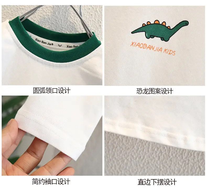 Children's White Dinosaur Crewneck T-Shirt Cotton Spring Autumn — feature 3